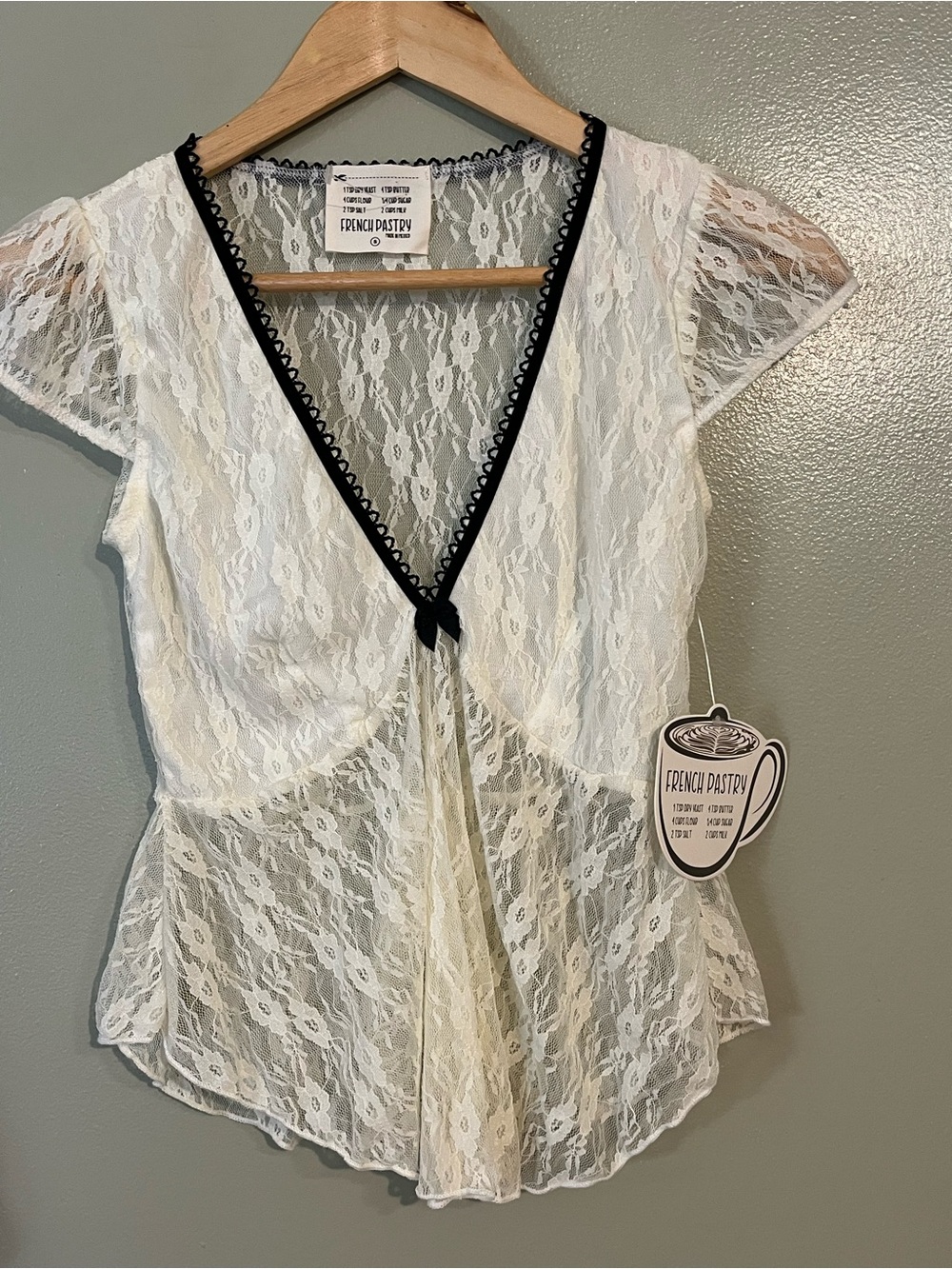 French Pastry White Lace Tie-Front Top with Black Trim S NWT